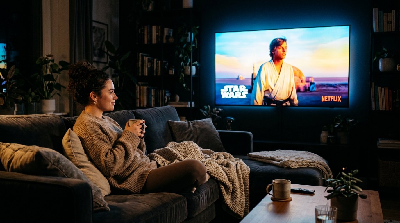 Pessoa avaliando criteriosamente a TV durante a noite e madrugada no teste iptv 6 horas