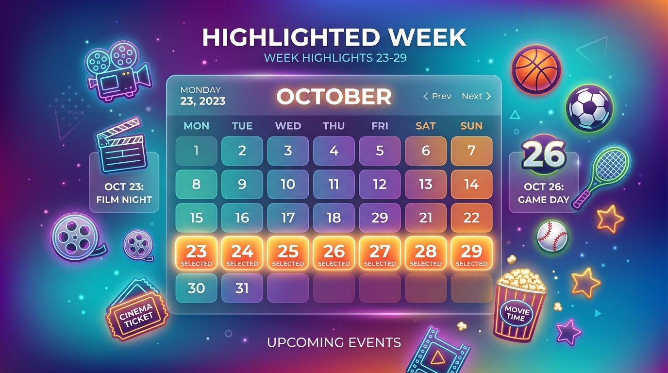 Calendário ilustrando o longo período do teste iptv 7 dias com ícones de filmes e esportes
