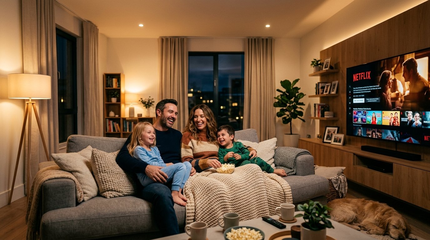 Família unida assistindo tv na sala de estar durante o teste iptv 7 dias