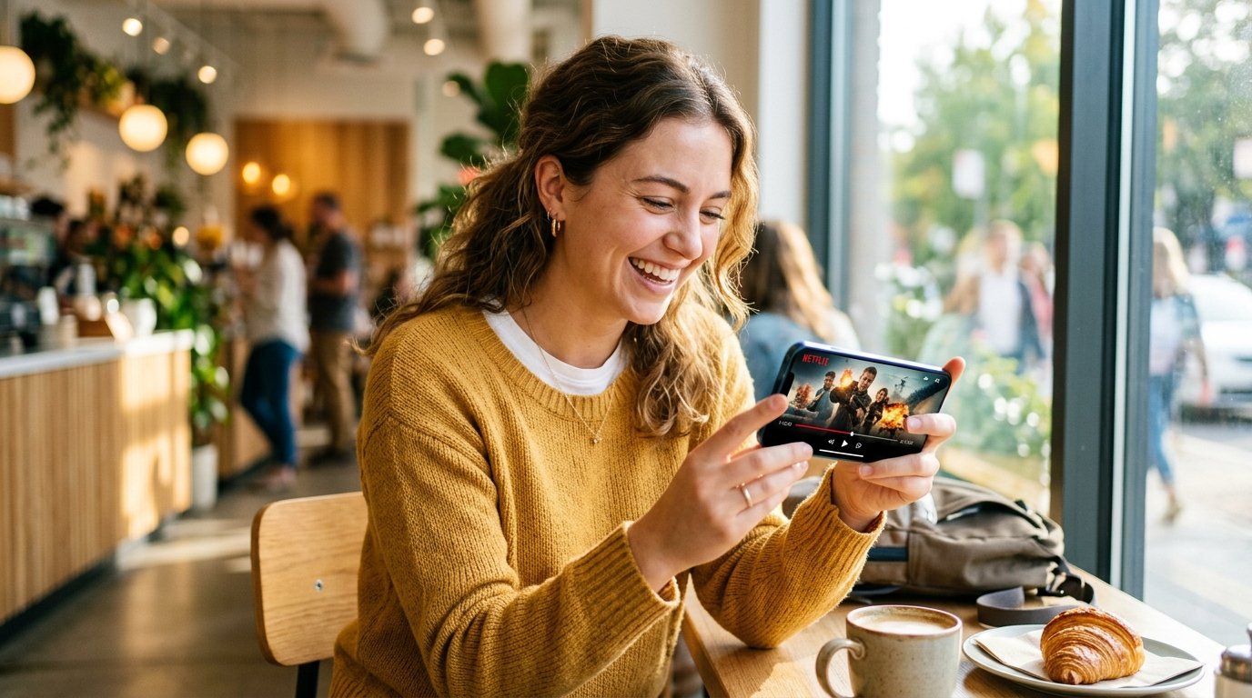 Usuário satisfeito consumindo filmes no celular durante os 7 dias de avaliação