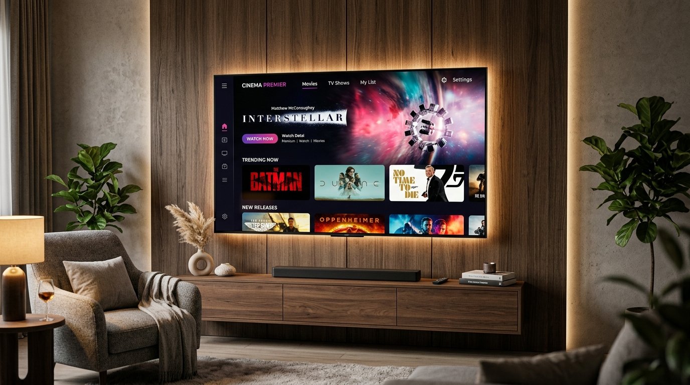 Teste IPTV funcionando em Smart TV com interface de streaming de alta qualidade