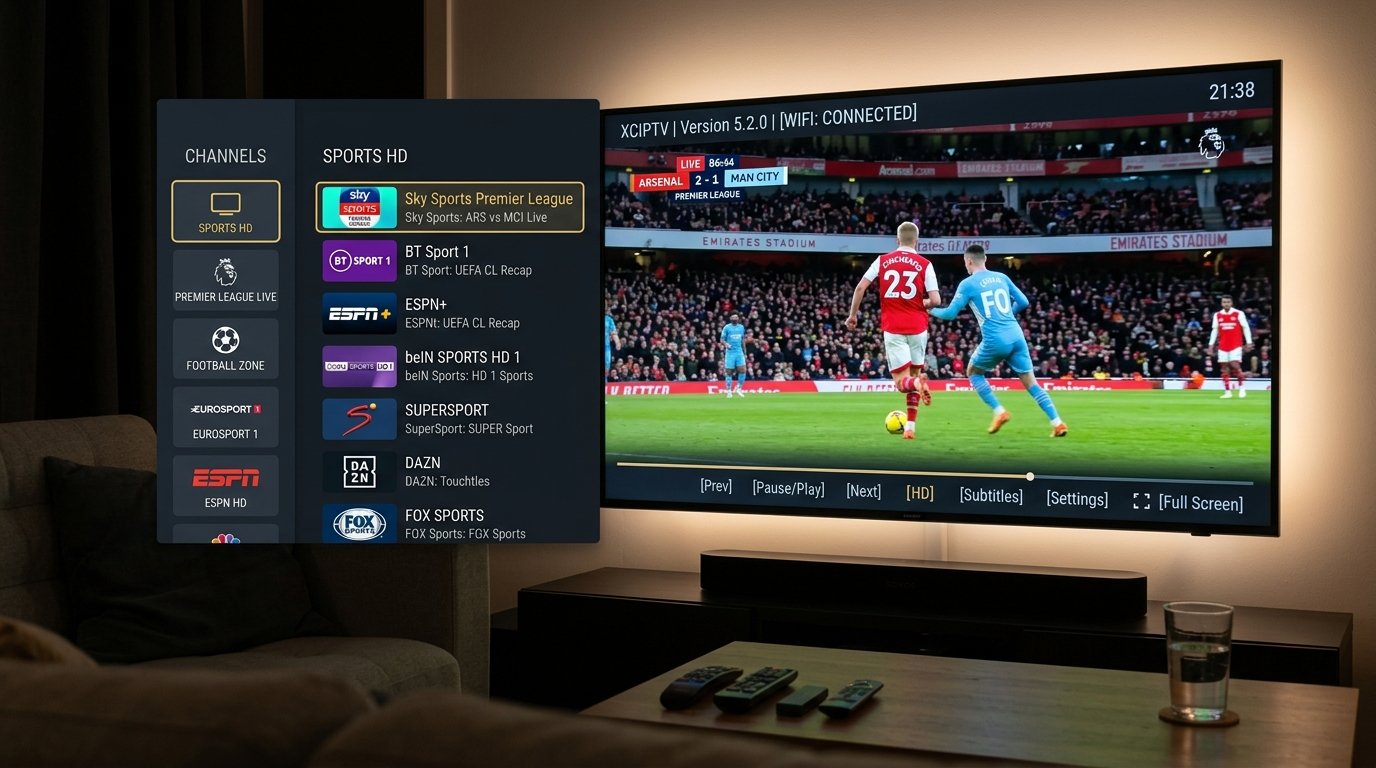 Interface oficial do aplicativo carregando os canais esportivos do teste xciptv player premium